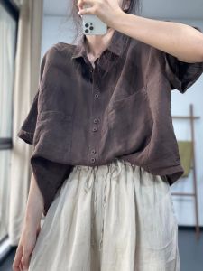 Summer 2023 New Arrival Retro Artsy Linen Polo Shirt Western Style Fashion All-Matching Small Shirt Tops Women