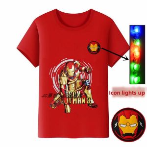Marvel Iron Man Boys Cotton T-Shirt Spiderman Cartoon Print Short Sleeve Kids Clothing LED Light up Baby Outfit Summer Wear