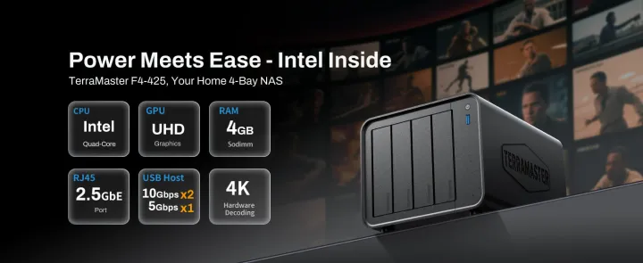TERRAMASTER F4-425 4-Bay NAS Storage – Intel x86 Quad-Core CPU, 4GB RAM, 2.5GbE LAN, Network Attached Storage Multimedia Server for Home Users US Plug
