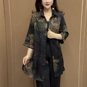 Fall 2024 New Arrival Three-Quarter Sleeve Middle-Aged Ladieswear Thin Outwear Plus Size Loose Slimming and All-Matching Elegant Small Shirt Women