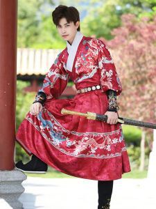 Original Red Hanfu Mens Ming Dynasty Costume Dragon Patterned Martial Artist Outfit Performance Suit Cotton Blend Knitted Fabric