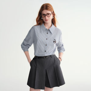 DUSHU | Artistic Grid Embroidered Stripes Slimming Long Sleeve Shirt