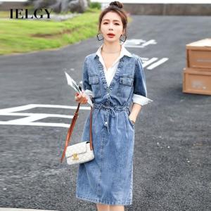 IELGY Đầm Giảm Tuổi Thời Trang Vải Denim Nối Khí Chất Cao Cấp Cho Nữ
