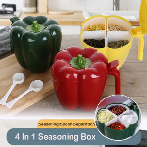 4-in-1 Press-Open Lid Seasoning Box with Spoon Pepper Spice Condiment Container Jar Dust-Proof Household Seasoning Box Kitchen Cooking Accessories