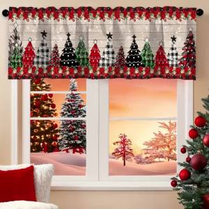 VIKAMA Red Snowman Pine Snowflake Scallop Border Christmas Short Window Curtain Cute Cartoon Classic Winter Home Decor Soft Cozy