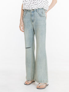 High Waist Slim Fit Ripped Wide Leg Washed Jeans