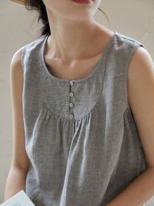 Spring & Fall Pure Color Minimalist Yarn-Dyed Linen Vest Camisole Womens Summer Outwear Loose Slim Looking Sleeveless Casual Tops Thin