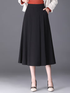 High Waist Midi A-Line Skirt Womens Suit Skirt Flared Hemline Versatile Slimming Korean Style Commute Polyester Fiber