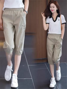 Ice Silk Cropped Pants Womens Summer Thin Plus Size Middle-Aged Mom Leisure Tappered Harem Pants High Waist Thin Baggy Pants