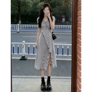 LIRUSHAN | Elegant French Style Grey Short Sleeve Dress