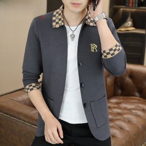 HENGYUANXIANG | Hengyuanxiang Mens Knitted Open Cardigan Collared Jacket Autumn Spring Plaid Sweater Casual Versatile Classic Style Polyester Blend