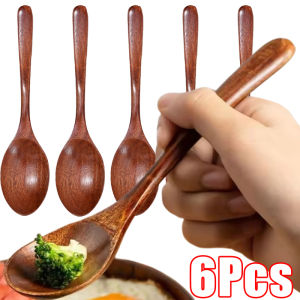 6 ชิ้น ช้อนไม้ด้ามยาวสไตล์ญี่ปุ่น / ช้อนซุปไม้สำหรับใช้ในครัว / ช้อนคนผสมอาหารทนความร้อนสูง / ช้อนชาสำหรับใช้ทำอาหารแบบนำกลับมาใช้ใหม่ได้