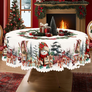1 Piece of Christmas-Themed Printed Tablecloth Vintage Country Farmhouse Style Snowman Christmas Tree Gingerbread House Pattern Design Suitable for Christmas New Years Parties Party Decorations Kitchen Accessories Room and Outdoor Decorations...