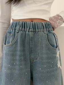 Kids Girls Denim Pants for 7-16years Loose Straight Leg Baggy Pants Butterfly Sparkly Elastic Waist Maong Pants Wide Leg Jeans Casual Trousers New Fashion Korean Style Manila COD 130-160CM