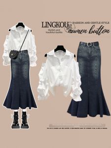 NUMEN BUTTON | Plus Size Elegant Off-shoulder Shirt High-waist Fish-tail Denim Skirt Suit