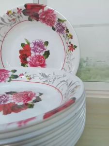 12.PCS PIRING MELAMINE LEBAR 23CM. 9INC MOTIF KEMBANG GRATIS 1 BUAH SENDOK MAKAN STANLESS FOOD GRADE