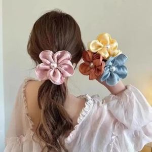 3pcs Summer Pearl Flowers Large Hair Tie Scrunchies Ins Fashion Hairband Ponytail Holders High Elastic Hair Rope HairAccessories