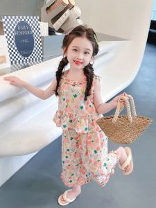 Girls Cotton Silk Summer New Style Vest Floral Pants Two-Piece Set Childrens Fashion Wide Leg Pants Ensemble for Kids