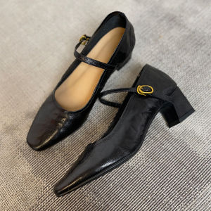 Elegant French Style High Heels Womens Chunky Strap Mary Jane Shoes Commute Black Square Head Single Shoes Fashionable Peep Toe