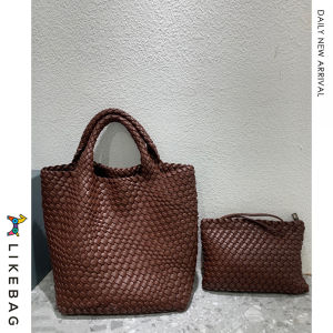LIKEBAG กระเป๋า ผญแฟชันกระเป๋าสานบง่ายนุ่มกระเป๋าถือหนัง PU ความจุขนาดใหญ่ทอกระเป๋าถือขนาดเล็กกระเป๋า