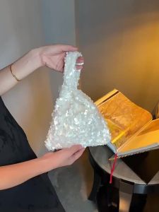 Elegant White Sequin Clutch Evening Bag for Women Mini Hobo Handbag Bridal Party Prom Dress Accessory Female Wedding Purse