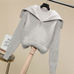 เสื้อสเวตเตอร์ถักนิตติ้งคอปกสีน้ำเงินแบบสวมหัวแขนยาวทรงหลวมสำหรับฤดูใบไม้ร่วงและฤดูหนาว