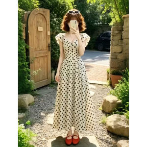 PEIZIXUAN | Slimming Waist Fitting Polka Dot Flared Sleeve Summer Dress