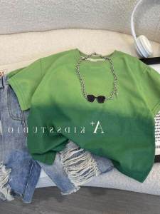 Boys Summer Outfit Set Gradient Green Cotton T-Shirt Short Sleeve Denim Shorts Five Parts Two-Piece Set Casual Wear for Kids