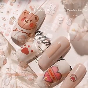 Stiker Kuku Motif Kartun Kelinci & Beruang Kartun 3D Untuk Aksesoris Nail Art