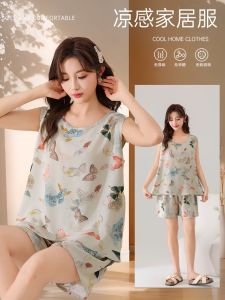 Nhẹ Cộc Tay Không Tay Cotton Vải Bông Lụa Đồ Ngủ Bộ Dành Cho Nữ Rộng Rãi Fit Nhân Tạo Cotton Vải Bông Quần Áo Gia Đình Ngắn Quần Bộ Hai Món