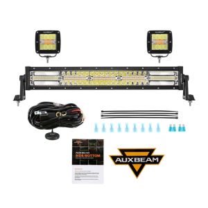 ไฟ LED 3นิ้วคู่96W + 22นิ้ว120W แถบแสงสีขาวอำพัน6โหมดพร้อมหน่วยความจำทำงานตัดหมอกบนถนนสำหรับรถบรรทุกรถจี๊ป + 16AWG 10FT ชุดรัดสายไฟ-3ตะกั่ว