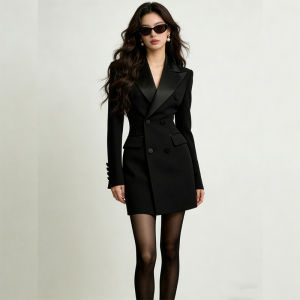 French Elegant Double Breasted Black Womens Blazer
