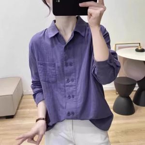 Womens Pure Cotton Long Sleeve Polo Shirt Double Button Loose Design Spring Autumn Inner Wear Base Layer Shirt