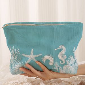 Túi Đựng Mỹ Phẩm Bằng Vải Nhung Họa Tiết Đại Dương Nhẹ Có Khóa Kéo Hộp Đựng Đa Năng Có Lớp Lót Phong Cách Giản Dị Dành Cho Đồ Dùng Làm Đẹp Cần Thiết