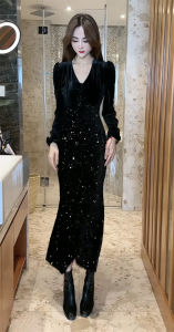 Elegant Velvet Sequin Patchwork Slim Fit Fish Tail Dress V Neck Spring 2024 Fashion Womens Dress Long Sleeve a Line Skirt