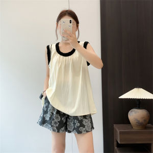 ชุดสองชิ้นฤดูร้อนสำหรับผู้หญิง เสื้อเชิ้ตแขนกุด เสื้อกั๊กทรงเอ กระโปรงสั้นเอวยางยืด กระโปรงทรงหลวม ชุดแฟชั่น