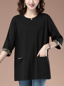 Loose Fit Pure Cotton Three-Quarter Sleeve T-Shirt for Middle-Aged And Elderly Women Spring Autumn New Style plus Size