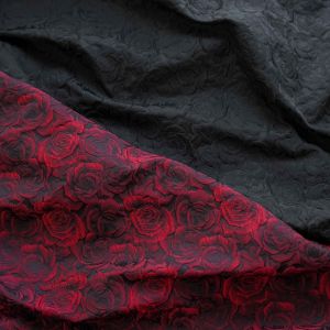 Embossed Dark Red Rose Jacquard Fabric Black Yarn-dyed DIY Cloth for Womens Dress Suit Bag