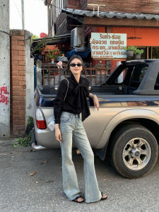 กางเกงยีนส์ทรงขาบานเอวสูงสำหรับผู้หญิง กางเกงขายาวทรงตรงทรงสลิมฟิตสำหรับฤดูใบไม้ร่วงและฤดูหนาว กางเกงขายาวทรงสลิมฟิตสำหรับผู้หญิง