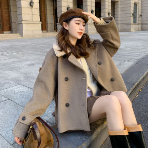 Lamb Fur Collar Short Thickened Woolen Coat Womens Fashion Korean Style Autumn Winter High-End Feelings Straight Cut Coat