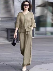 Ice Silk Cotton Linen Set Women Summer New Thin Casual Loose Mid-Year Mom V-Neck Top Wide Leg Pants Two-Piece Set