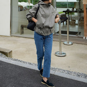 F36 South Korea Womens Zipper Hooded Lightweight Waterproof Sun Protection Windshield Fall and Winter Long Sleeves Womens Trench Coat Outwear Slim Looking Pure Color