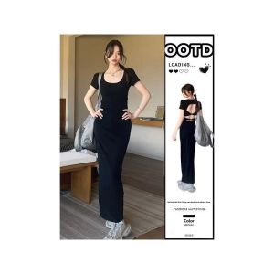 Elegant Slimming Black Short Sleeve Backless Dress Womens Summer High-End Long Dress 2025 New Style A-Line Pure Color