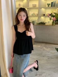 เรียบหรู สีดำ สีทึบสี่เหลี่ยม ปกเสื้อ เสื้อกล้าม ผู้หญิง พลัสไซส์ ฤดูร้อน สไตล์ใหม่ ลำลอง เสื้อกั๊กใส่สบาย ระบายอากาศได้ดี