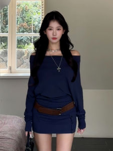 Batwing Sleeve Knitted Dress Womens Autumn Winter Fashion Soft Skin-friendly Breathable One-Shoulder Bodycon Short Dress