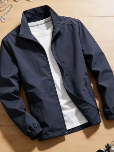 High-end Stand Collar Dark Blue Casual Worker Jacket M
