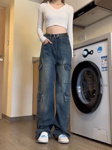 สไตล์อเมริกัน สาวฮอต หลวม เอวสูง กางเกงขากว้าง ย้อนยุค กระเป๋าหลายใบ คาวบอย เครื่องมือช่าง กางเกง V108