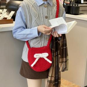 Red Woolen Butterfly Knot Large Bucket Bag Single Shoulder Crossbody Bag Autumn Winter New Style Versatile Tote Backpack for Youth
