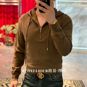 เสื้อสเวตเตอร์ถักมีฮู้ดสำหรับผู้ชาย ฤดูใบไม้ร่วง/ฤดูหนาว ครึ่งซิป แฟชั่น ลำลอง ไฮเอนด์ เสื้อผ้าผู้ชาย ทรงสลิมฟิต ปกติ แขนยาว