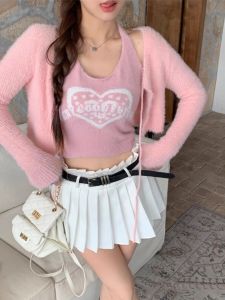 เสื้อกั๊กถักนิตติ้งคอวีแขนกุดทรงเข้ารูปสำหรับผู้หญิง ช่วงท้องสั้น ลายหัวใจ แฟชั่นฤดูใบไม้ร่วง 2023 แขนกุด